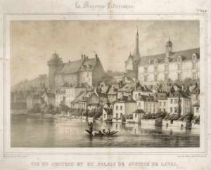 Vue du château et du palais de justice de Laval [ Planche 1 de la Mayenne pittoresque des frères Messager]