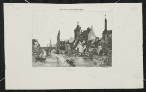 Laval, vue sur le château, la cours d'eau de la Mayenne et le vieux pont