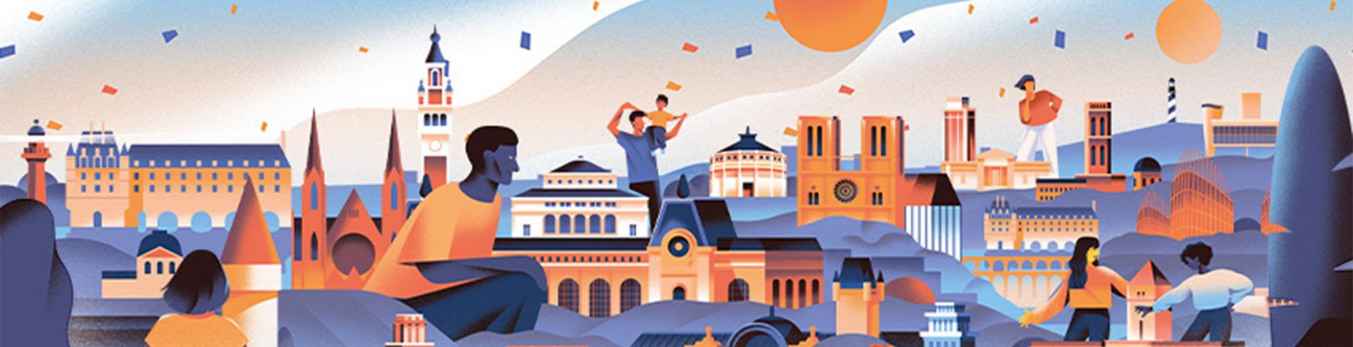 Création graphique coloré avec des monuments français et des personnages