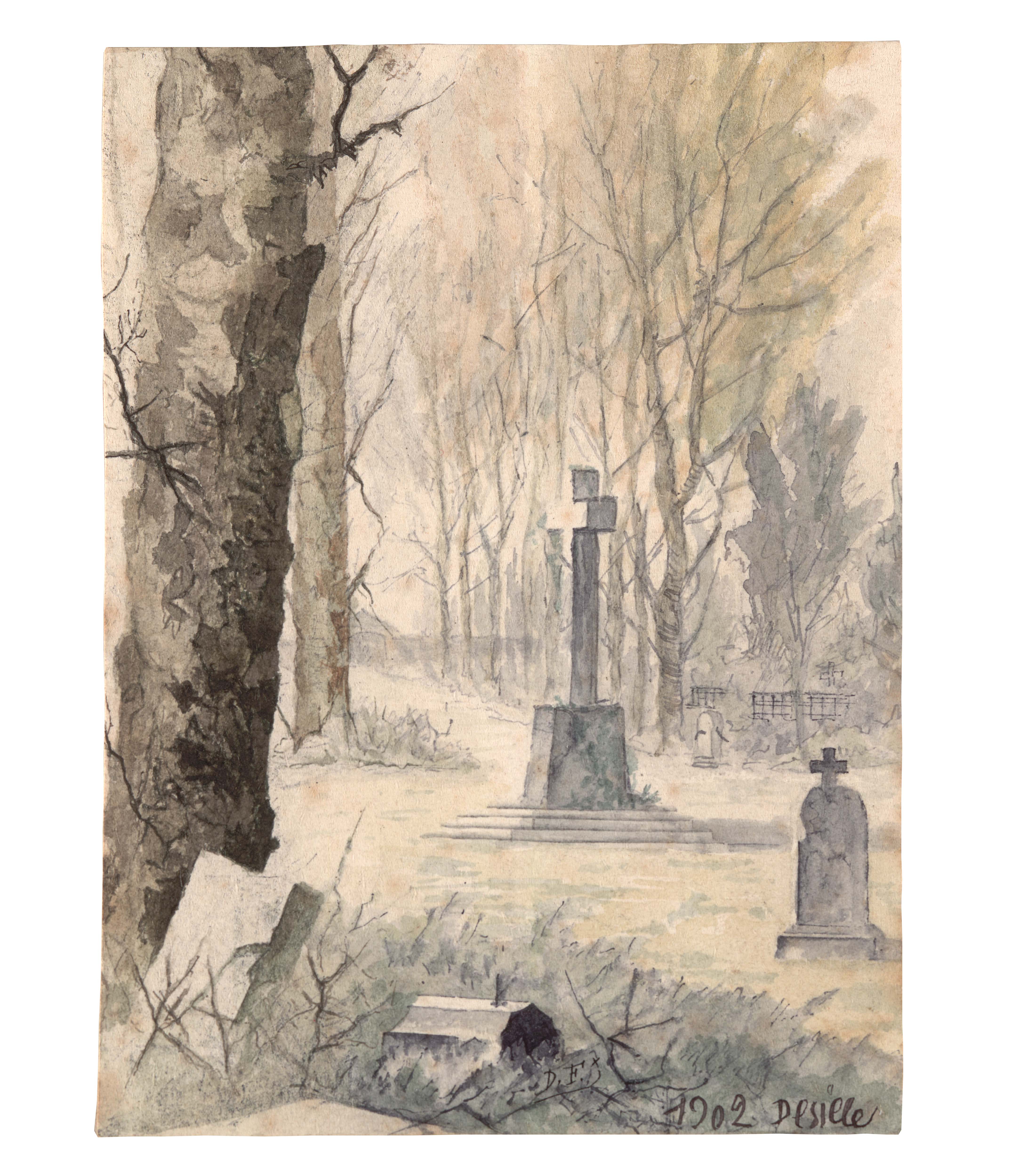 Dessin du cimetière de la Guéttière à Laval par Félix Desille