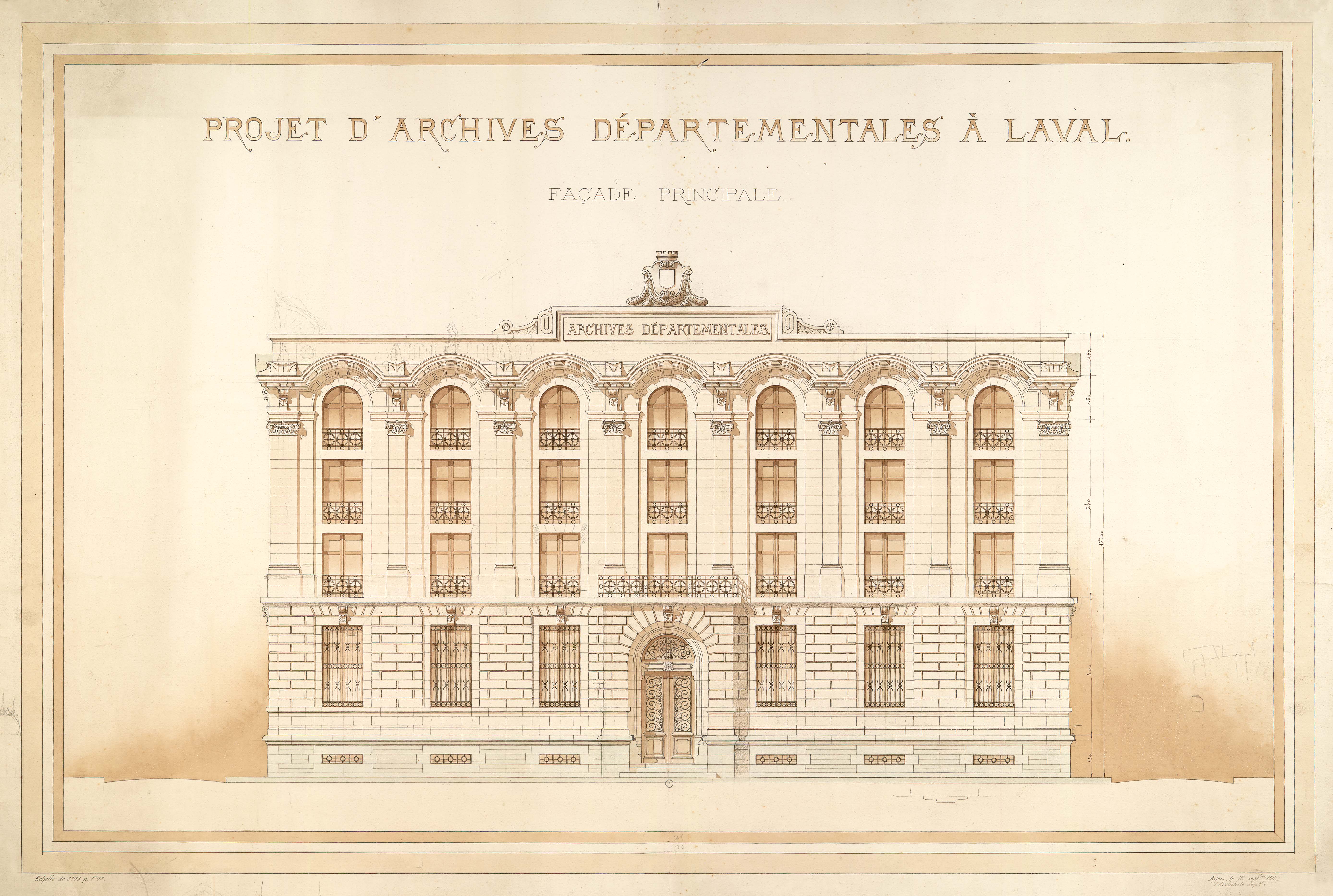 Dessin de la future façade principale des Archives de la Mayenne